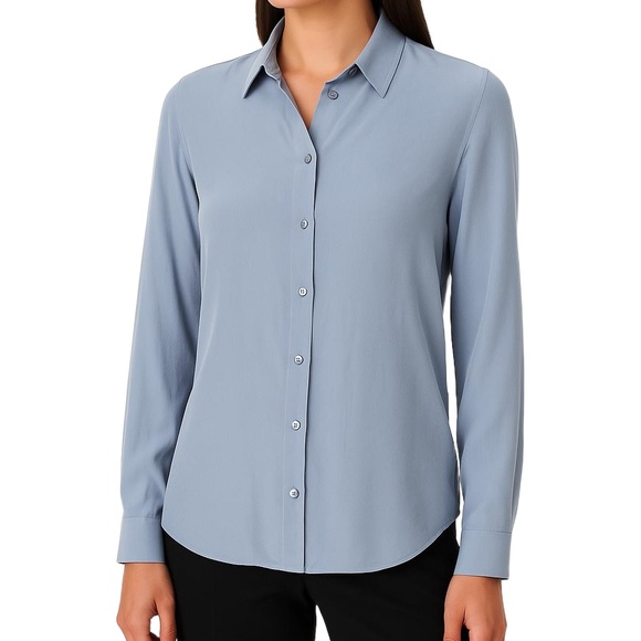 Sezane Blue 100 Percent Silk Long Sleeve Shirt Collar ButtonUp Blouse Size 38 - Picture 4 of 10